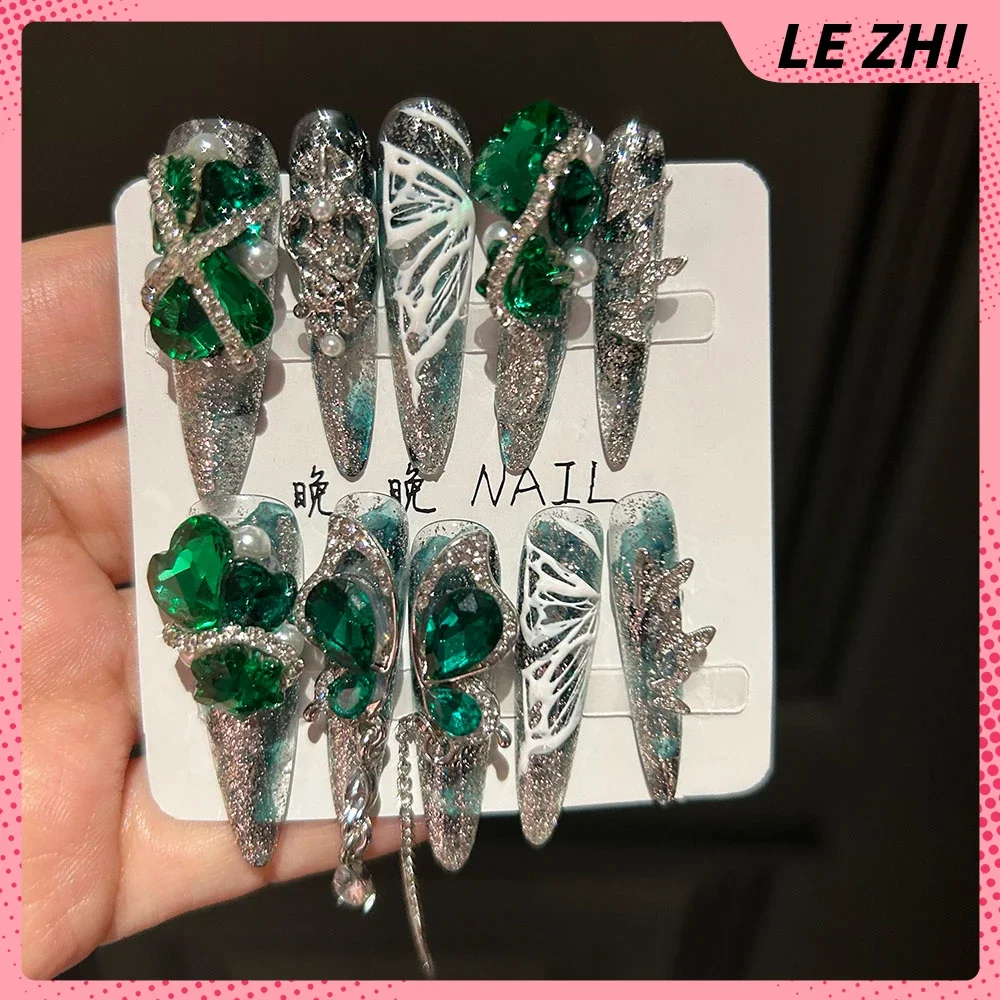 Luxury Court Romantic Rose Handmade Press On Nail Golden Butterfly False Nails 3D Rhinestone Pearl Detachable Full Cover Nails
