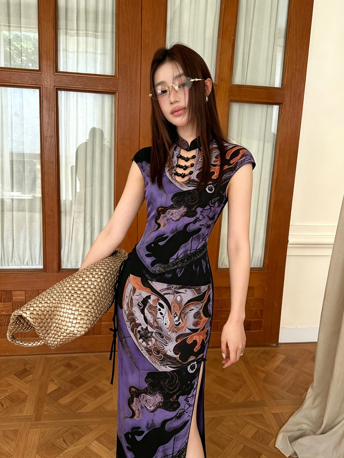 CHEERART Illustration Beading Women'S Matching Sets Cheongsam Skirt And Top 2 Pieces Set For Woman Summer Outfit Designer