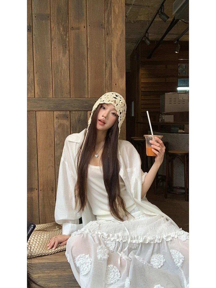 

White Lace Long Sve irt Women's Faionable New 2025 Outerwear Top Sun Protection G Sle Commute Sle Straight Cut