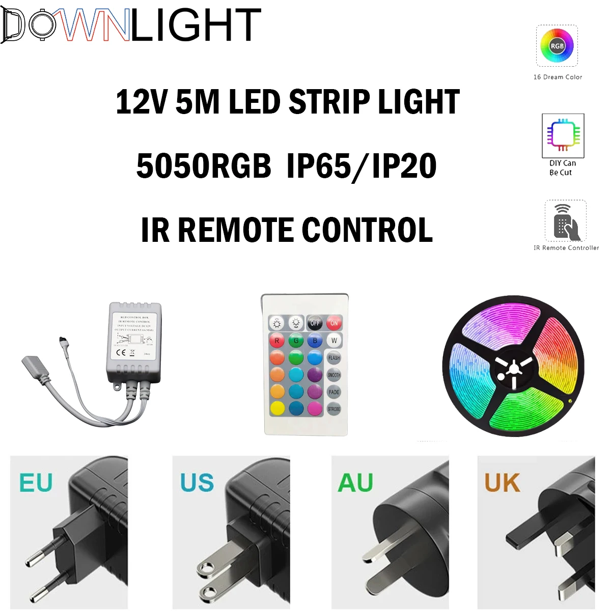 

RGB LED strip 5M/Roll 30LED/M 12V 24 key remote control IP20/IP65 16 colors for holiday,home decoration SMD5050 RGB