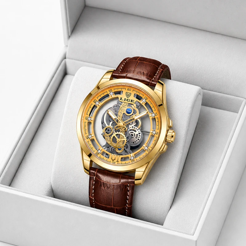 LIGE Unique Design Quartz Man Watch Leather Strap Casual Sport Fashion Military Hollow Creative Gear Stylish Watches for Men+Box