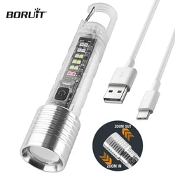 BORUiT Portable Super Bright Zoom LED Keychain Flashlight Built-in 18650 Battery Type-C Rechargeable Torch Outdoor Camping Lamp