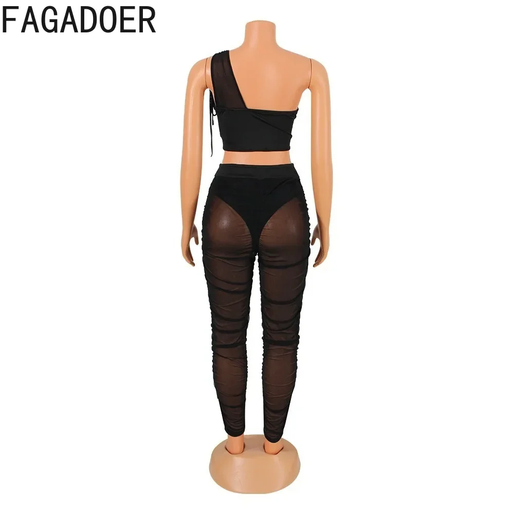 FAGADOER Sexy Mesh Perspective Irregular Two Piece Set For Women One Shoulder Hollow Slim Top And Stacked Pants Nightclub Outfit