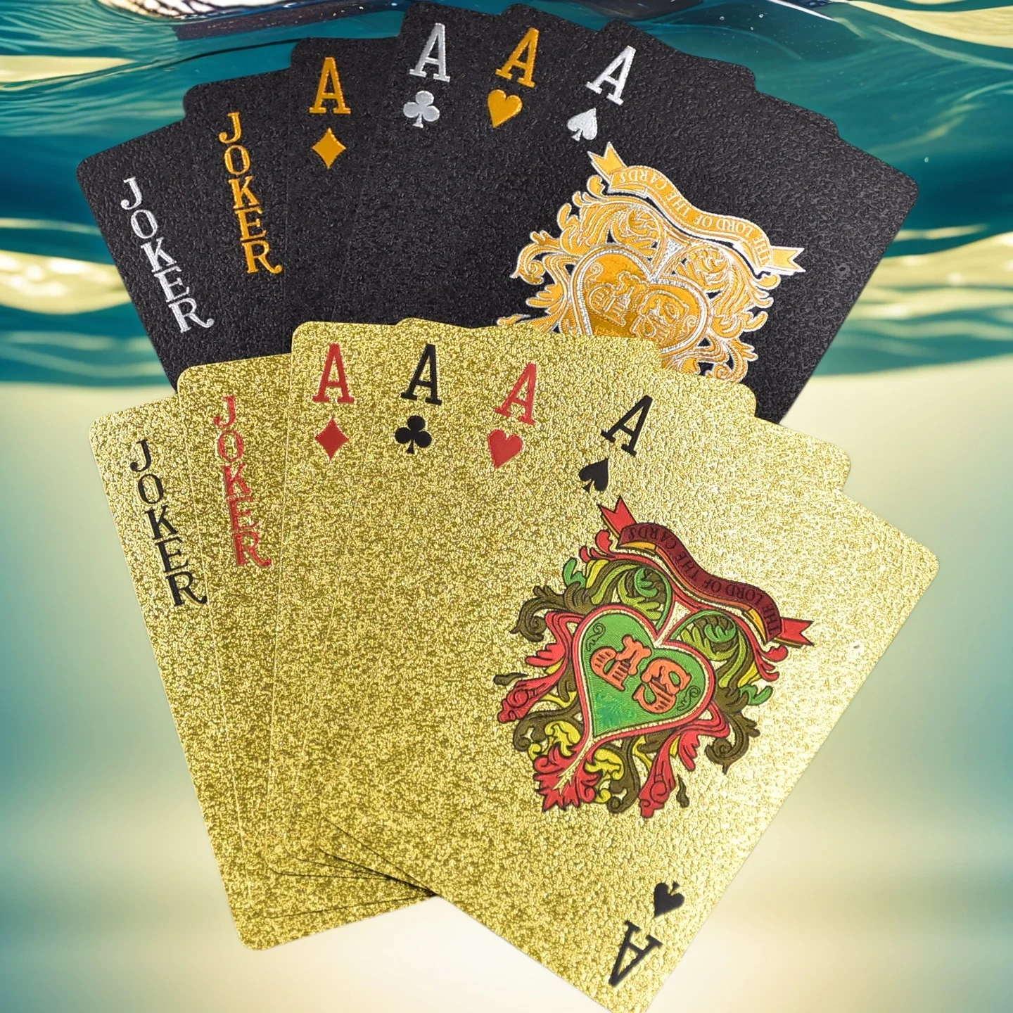أوراق اللعب باللونين الذهبي والأسود، أوراق اللعب المقاومة للماء مع الصناديق، أوراق اللعب المرنة عالية الجودة بملمس #1