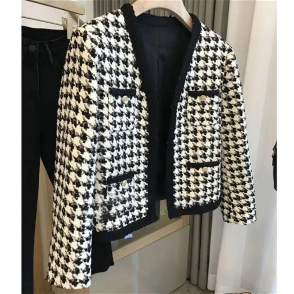 Houndstooth Tweed Blended Vintage Women's Jacket Short Coat Korean Fashion Long Sleeve Winter Clothes Jackets For Women 2024