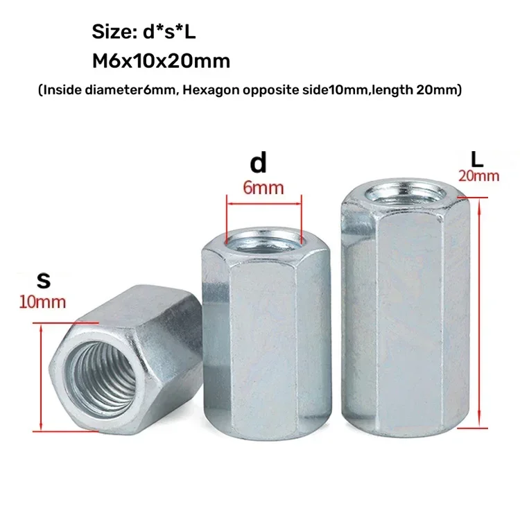 M5 M6 M8 M10 M12 M14 M16 Rod Coupling Hex Nut Steel Galvanized Long Hex Nut Connection Thread Nut