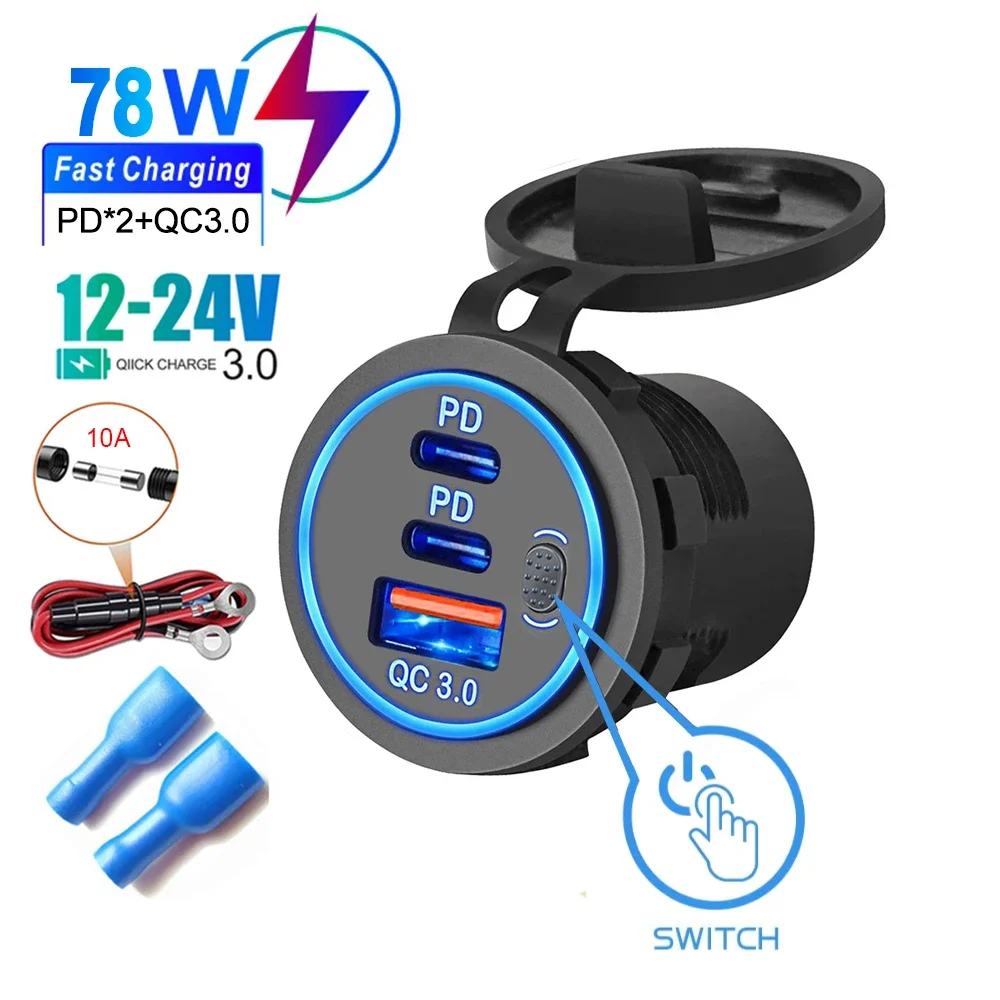 Schnellladegerät QC3.0 + PD Autoladegerät Buchse 78 W Doppelter USB-Anschluss Typ C Drei Ports Netzteil mit Schalter Universell wasserdicht