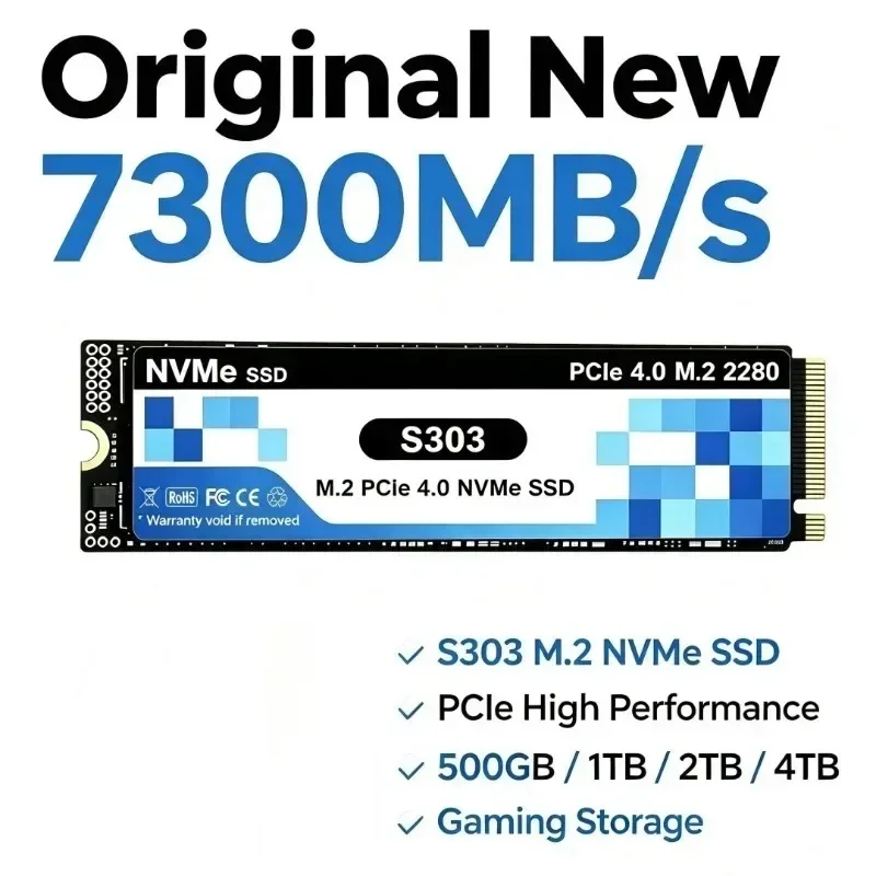 S303 SSD 500GB-4TB M.2 NVMe PCIe Gen4, 7300MB/s Max Seq Read Speed, Internal Drive for Gaming Laptops and Desktop Systems.