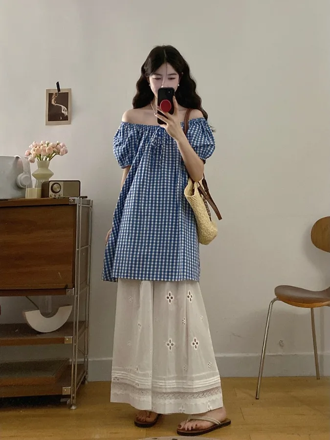 

plus Size Women's Sweet Plaid Bubble Sve Dr round Ne A-Line ort Skirt Waist Cinched Summer New Korean Sle Commute