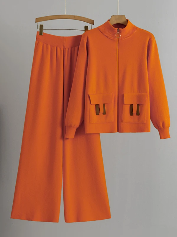 

Модный комплект из двух предметов: кожаный кардиган на молнии с карманами и длинные брюки, дизайн для узкого круга аудитории, коллекция Весна-Осень 2025