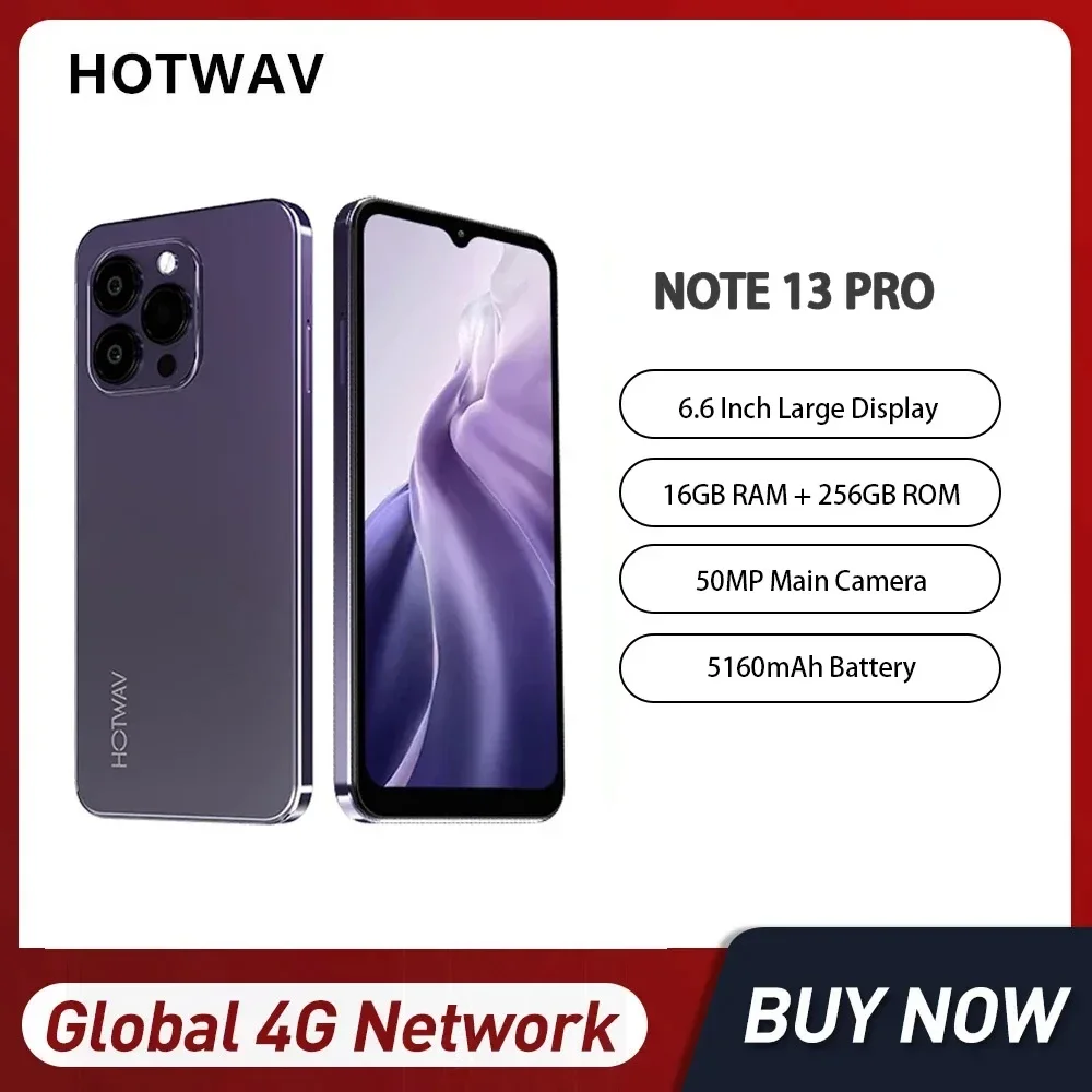 

HOTWAV Note 13 Pro 4G Smartphone Ultra Thin 6.6Inch HD Octa Core 16GB+256GB Android 13 Mobile Phone 50MP 5160mAh 18W Fast Charge