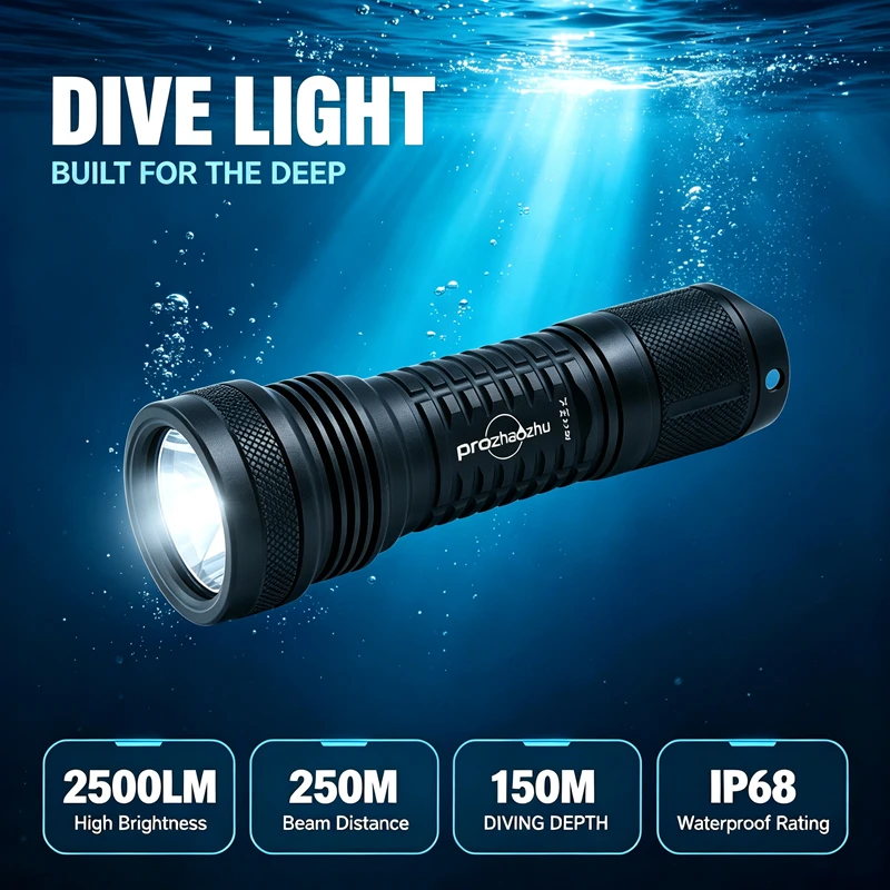 PROZHAOZHU DL-B22N 2500LM SFT40 Narrow Beam Dive Light IP68 150M Magnetic Switch 26650 Rechargeable Scuba Flashlight Cave Wreck