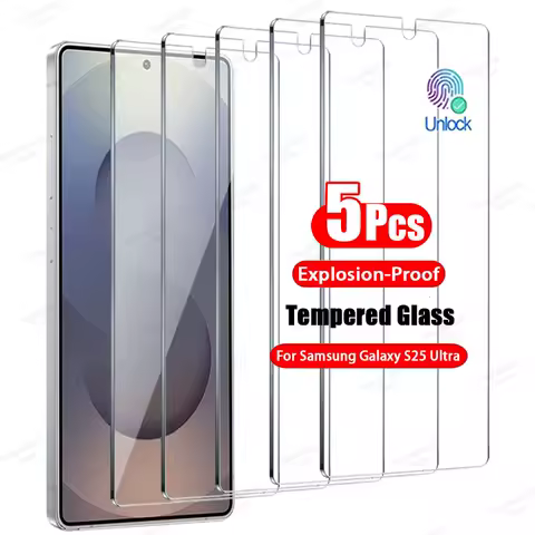 5PCS Tempered Glass For Samsung Galaxy S25 S24 S23 S22 S21 Ultra Plus FE S25 Edge Screen Protector Fingerprint Unlock HD Film