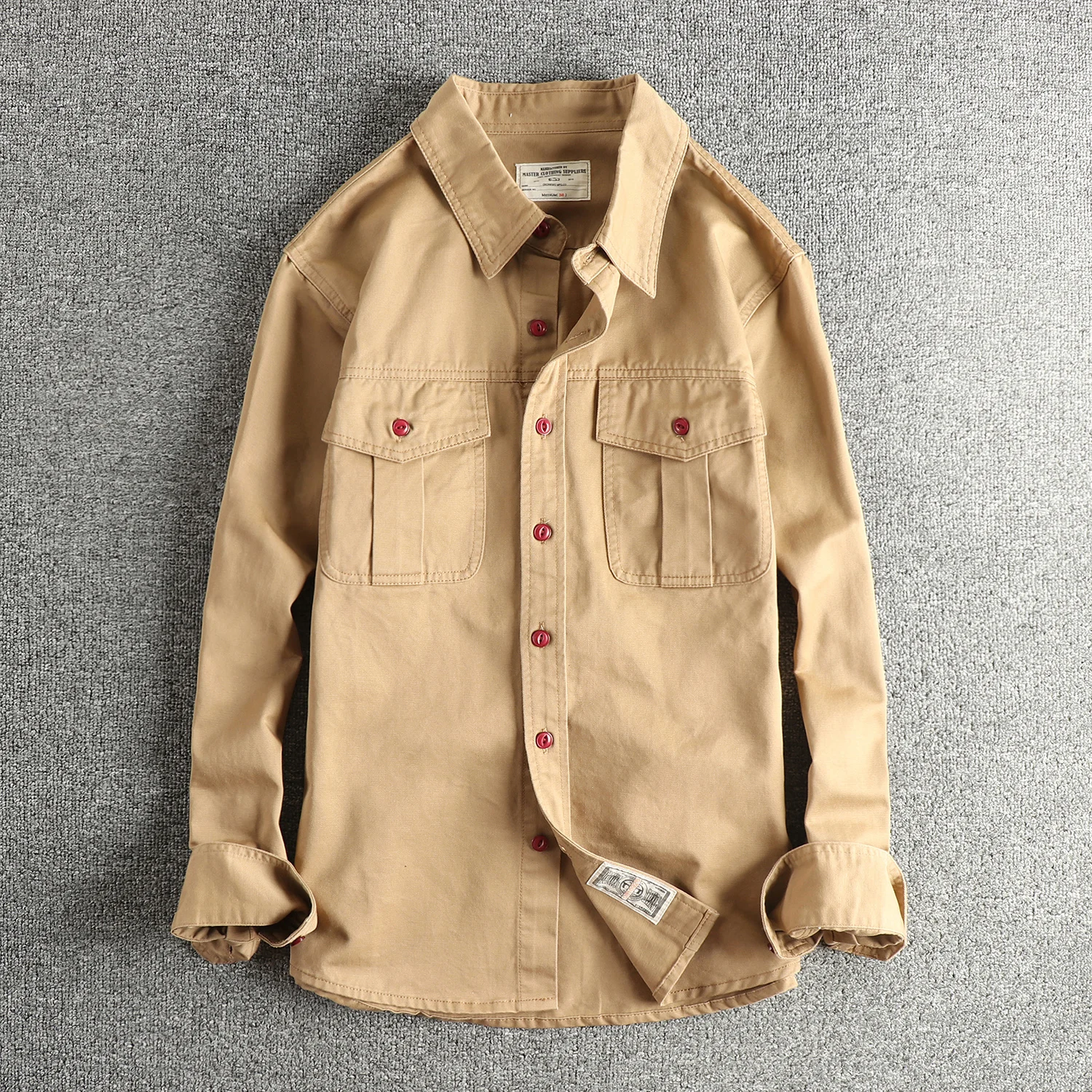 سترة قميص رجالية عصرية للربيع والخريف متعددة الاستخدامات مصنوعة من القماش المنسوج، قميص Amei Kaki القديم بأكمام طويلة