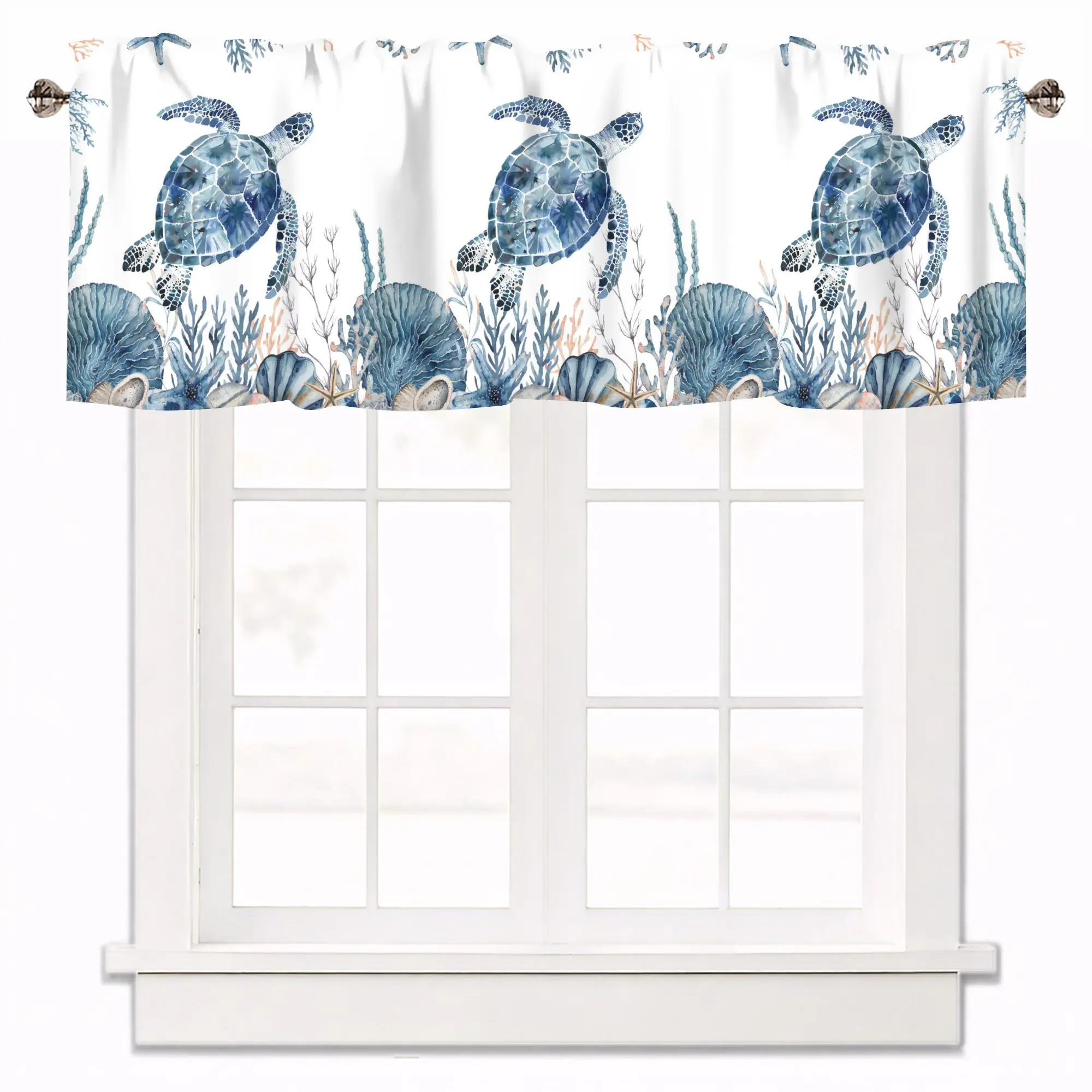 

Nautical Coral Sea Turtle Valance for Windows Rod Pocket Valence Curtains Window Treatments 1 Panel Small Short Valance 42x12in
