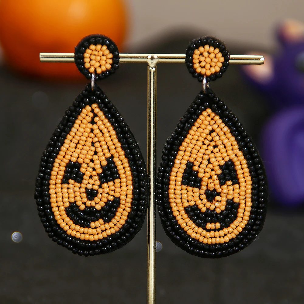 2023 New Fashion Hand Knitting Beaded Halloween Pumpkin Ghost Skull  BOO Seed Bead All Saints\' Day Earrings Women Jewelry