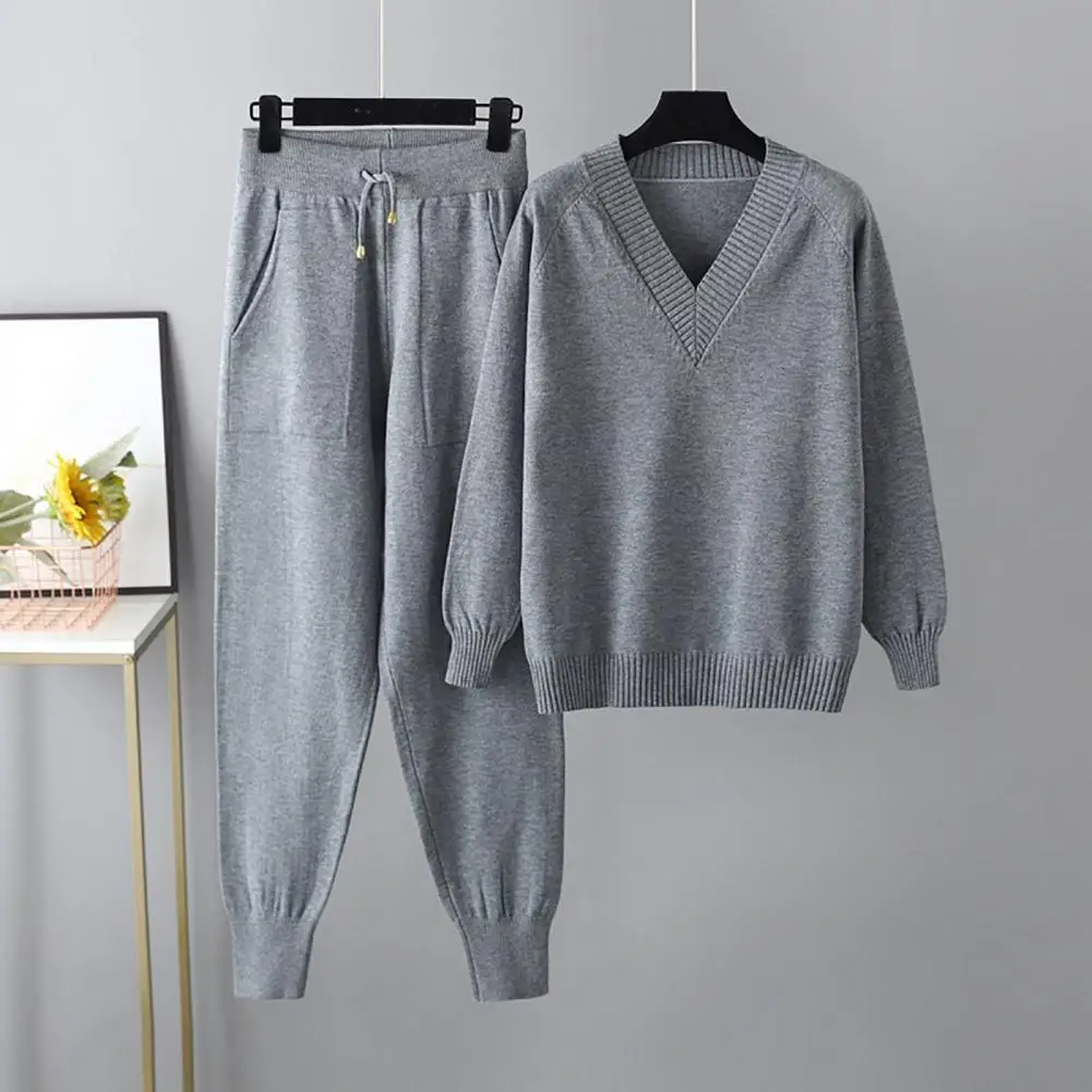 Knitted Sweater 2 Peice Set Women Winter Autumn Warm V-Neck Pullover Straight Jogging Pant Suits Casual Oversize Tracksuit Women