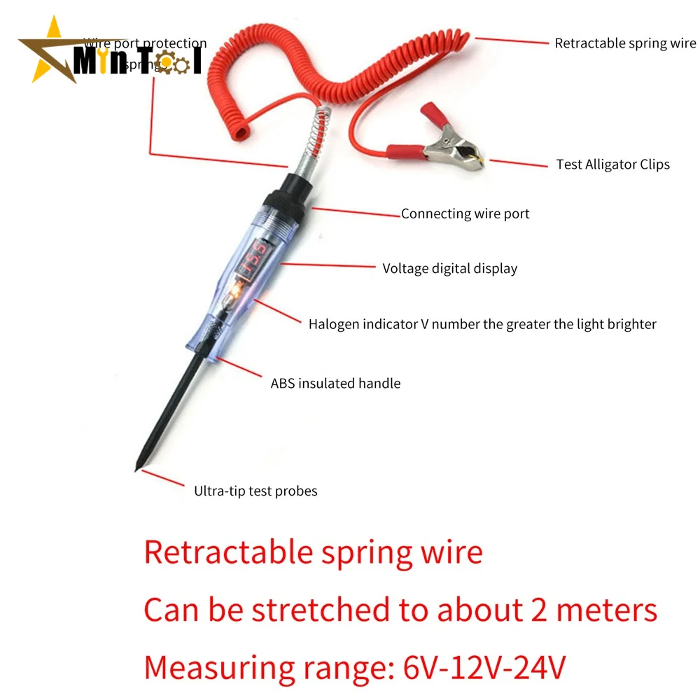 자동 6-24 V DC 자동차 트럭 전압 회로 테스터, 자동차 테스트 긴 프로브 펜 전구 자동차 테스트 극성 펜 도구