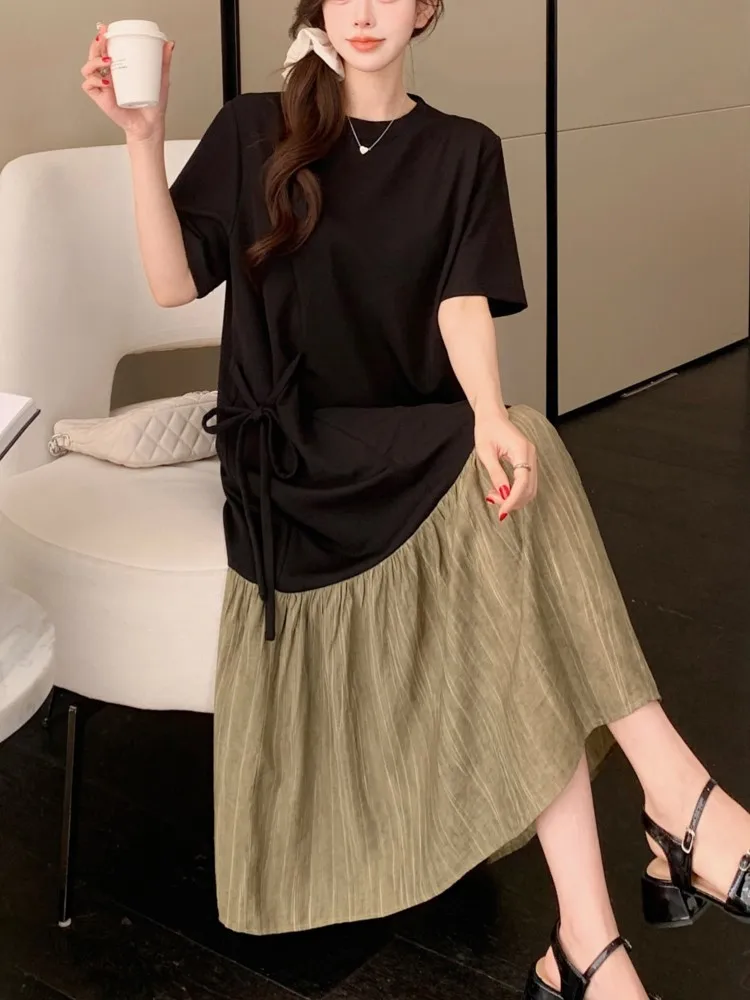 Summer Women's Loose Plus Size T-Shirt Dress Casual Jacquard Patchwork Ladies Dresses Vestidos