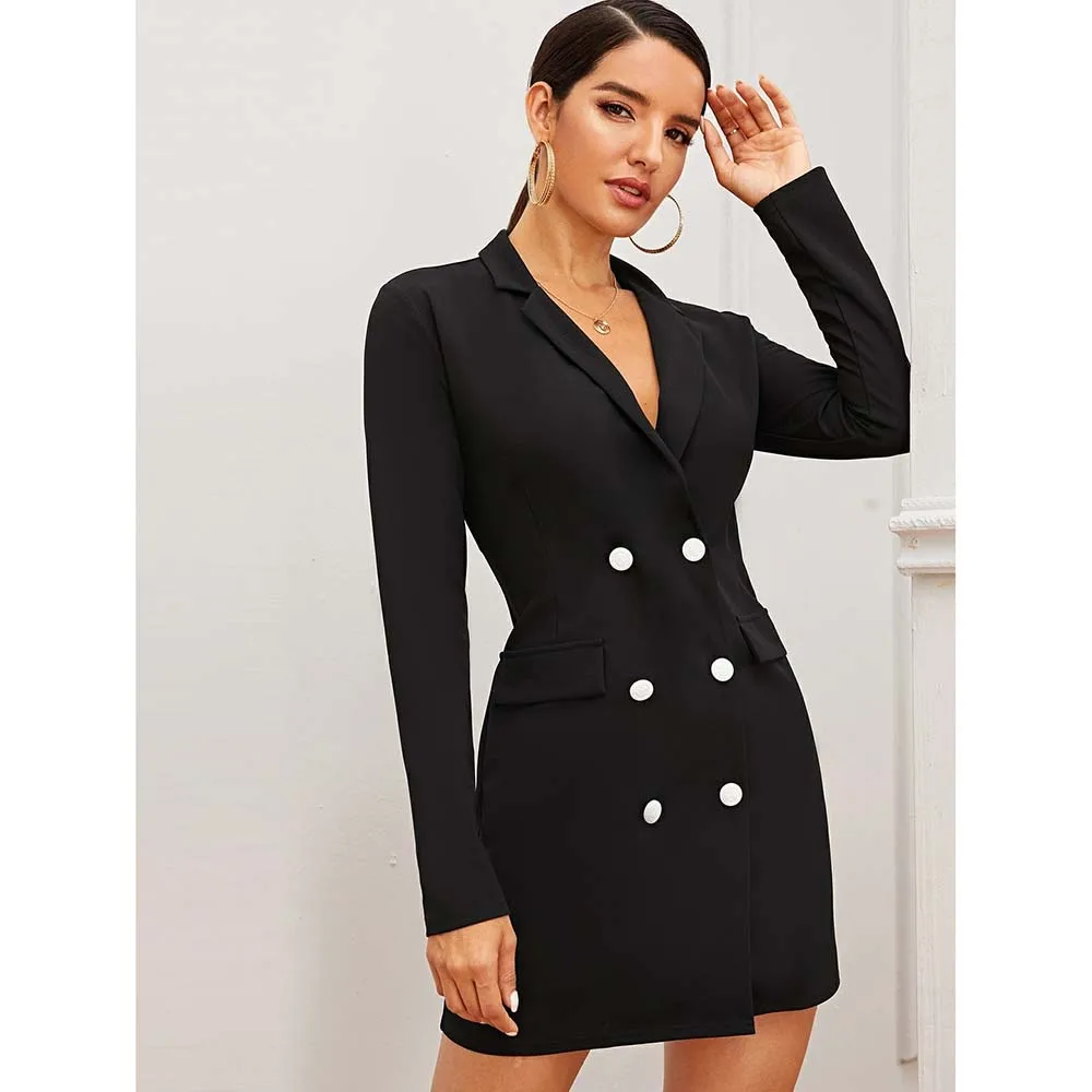 Sexy Black Women's Blazer Double Breasted Notch Lapel Above Knee Long Jacket One Piece Slim Fit Formal Work Office Dress Suits