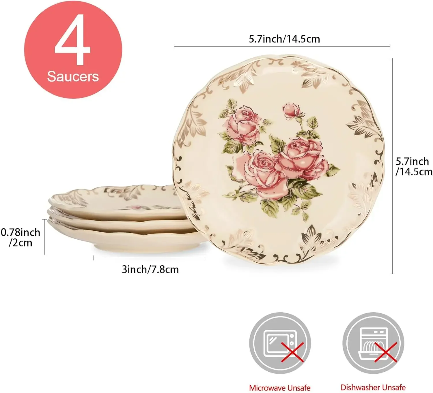 4pcs/lot Floral Tea Saucers, 5.8 inch Ivory Porcelain Plates for Cups,Dish with with Gold Leaves Trim, Ideal for Tea Parties