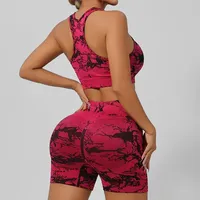 Women Seamless Tie Dye Yoga Set Quick Dry Sports Bra Shorts Lightweight Breathable Workout Outfit
