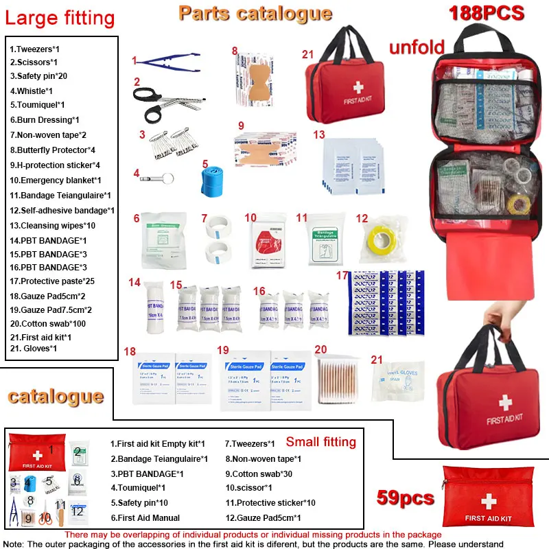 First Aid Kit - 188 pcs - for car, home, travel, camping, office or sport, fully stocked with emergency and survival essentials