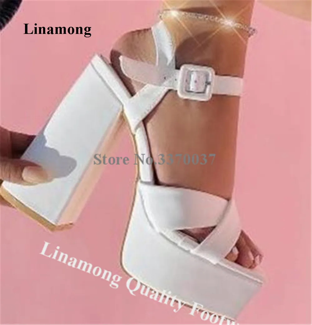 

Linamong Sexy Straps Cross High Platform Chunky Heel Sandals White Silver Gold Red Ankle Straps Thick Heel Party Heels Big Size