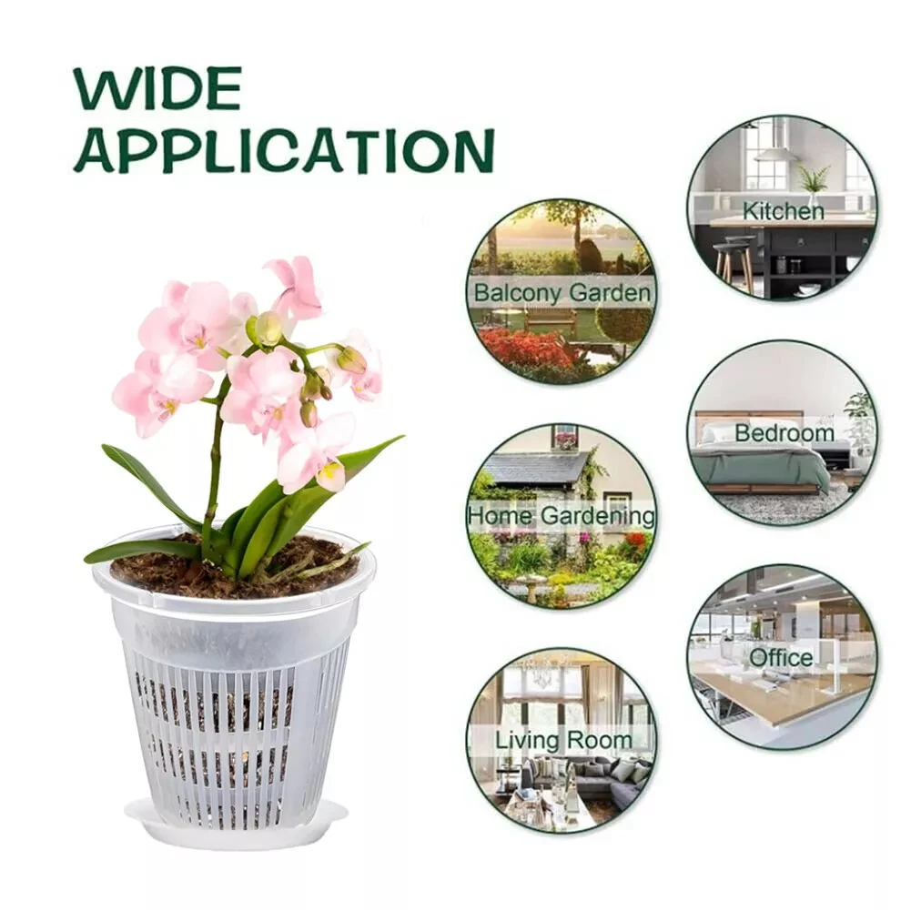 5er-Set Orchideentöpfe mit Untertassen, transparente Kunststoff-Netztöpfe mit Löchern für die Wurzelkontrolle, ideal zum Umtopfen von Orchideen – Detail 3