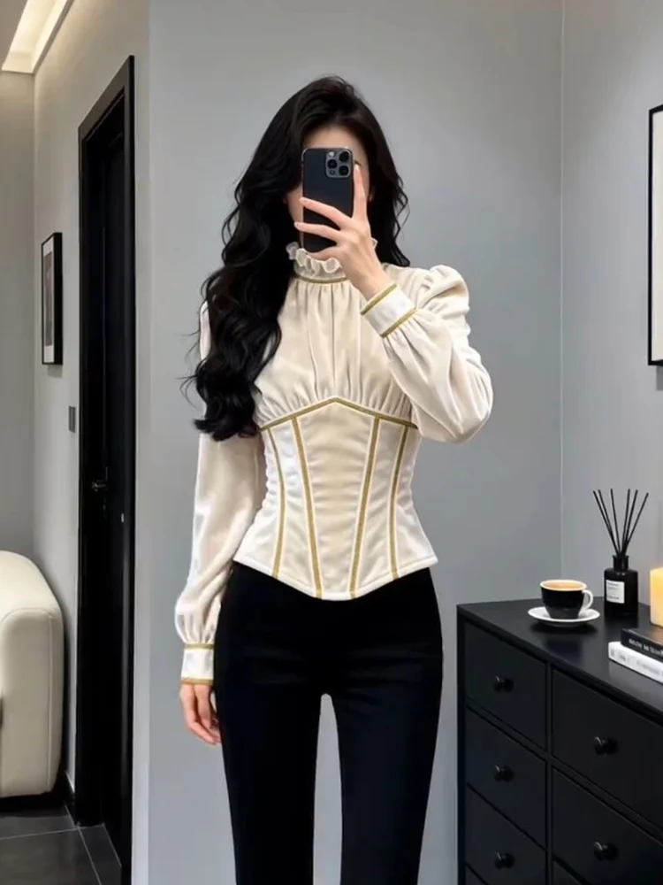 

Ele Белый вязаный корейский зимний топ с вырезом на талии, легкая роскошная внутренняя одежда, облегающий Bubble Sve Long Sve Crew Ne