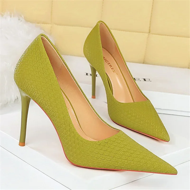

Sexy Women 10cm High Heels Weave Pointed Toe Wedding Pumps Plus Size 34-43 Office Lady Green Stiletto Heels Evening Party Shoes