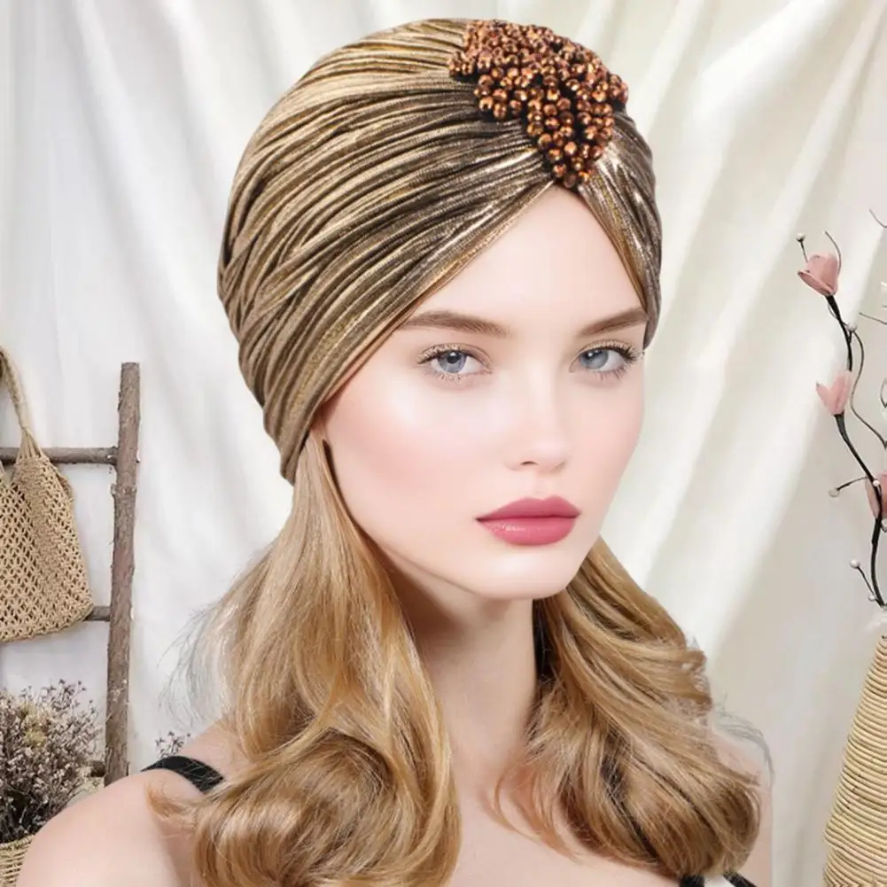 Faux Pearl Embellished Headpiece Women Top Hat with Rhombus Rhinestones Pleated Turban Headwear Golden Plated for Women