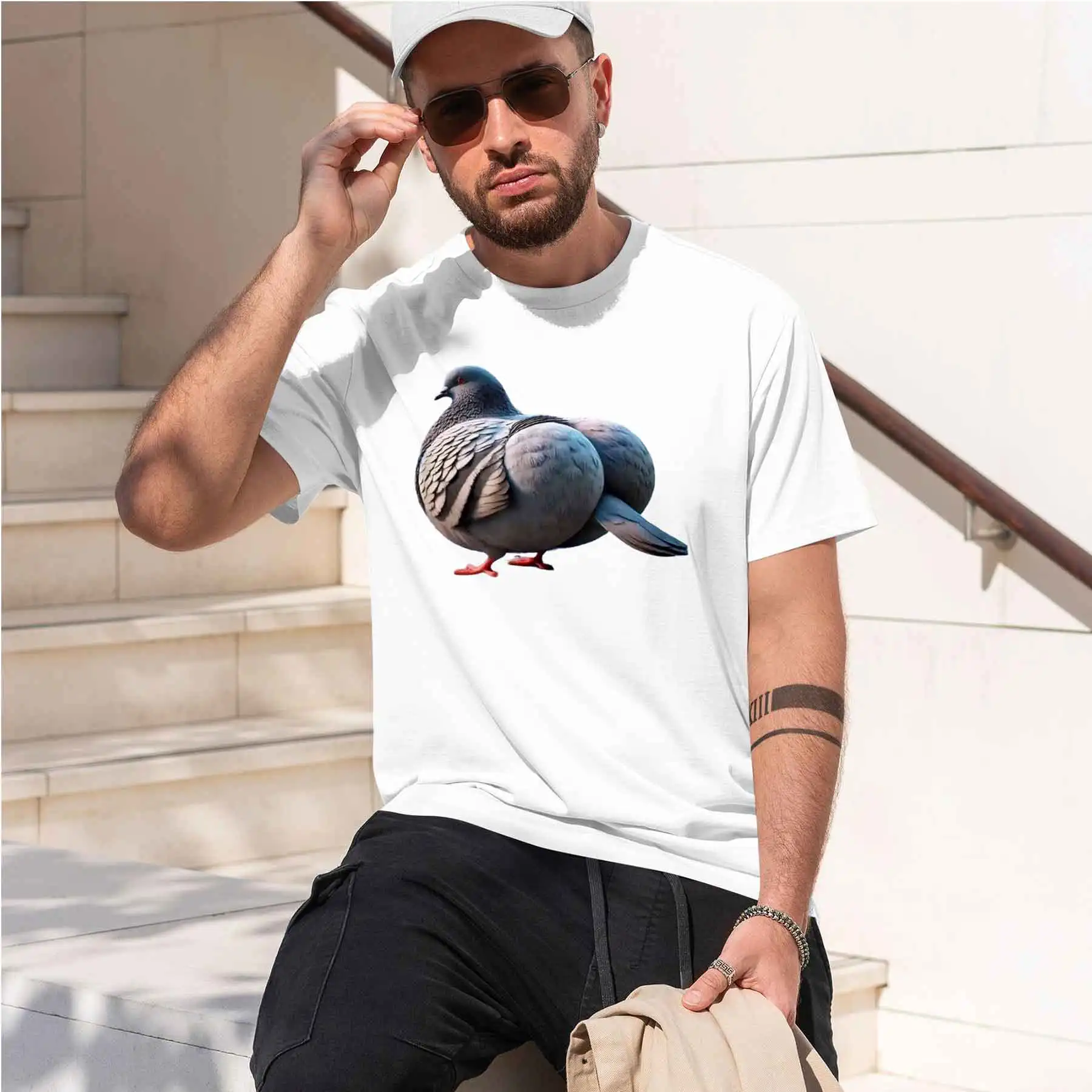 2026 new printed T-shirt Men's Fun Double-Headed Chubby Pigeon Print Tshirt Casual Loose Breathable Short Sleeve Animal Patter