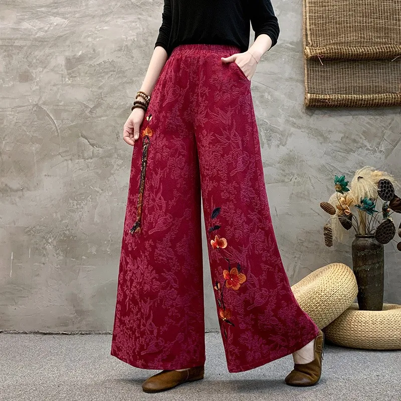 Pantalon rétro en coton et lin pour femmes, jambes larges, ceinture brodée, décontracté, ethnique, taille haute, drapé Long, nouvelle collection printemps