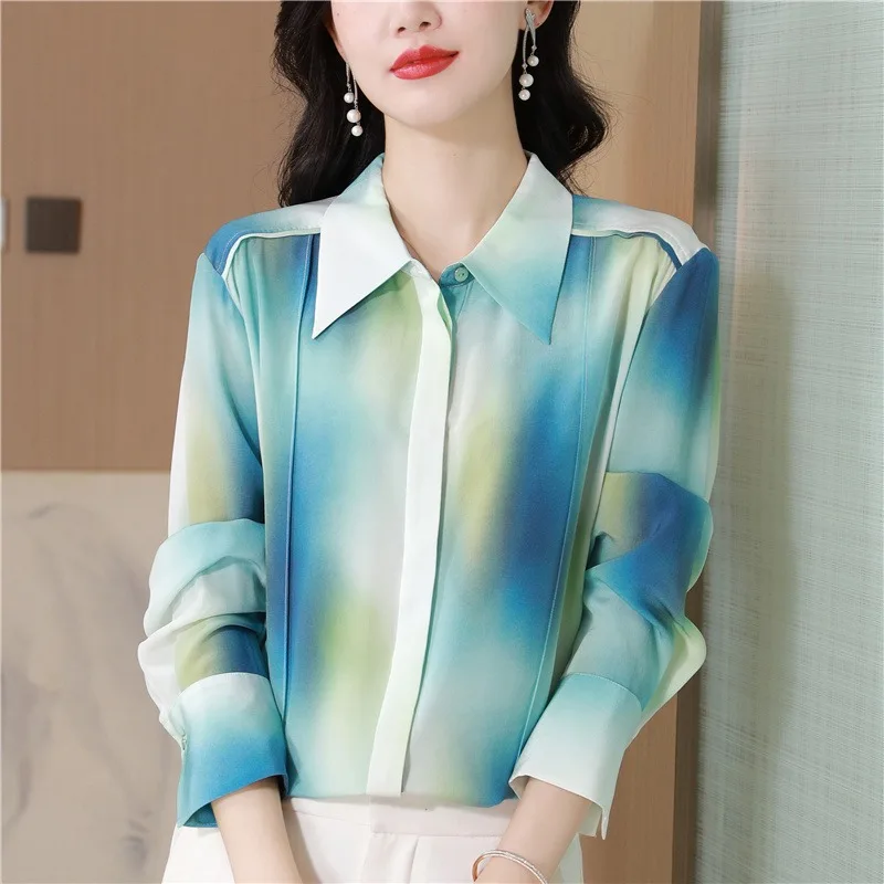 Print Women's Blouses Korean Shirts Patchwork Slim Fit Spring/Summer Vintage Clothing Satin Long Sleeve Women Tops