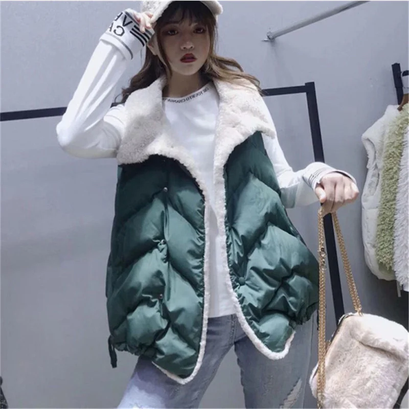 

2025 зимний жилет толстый мм, большой размер, европейский жилет с лацканами из овечьего меха, женский короткий жилет большого размера, женское пальто, зеленый, черный C4