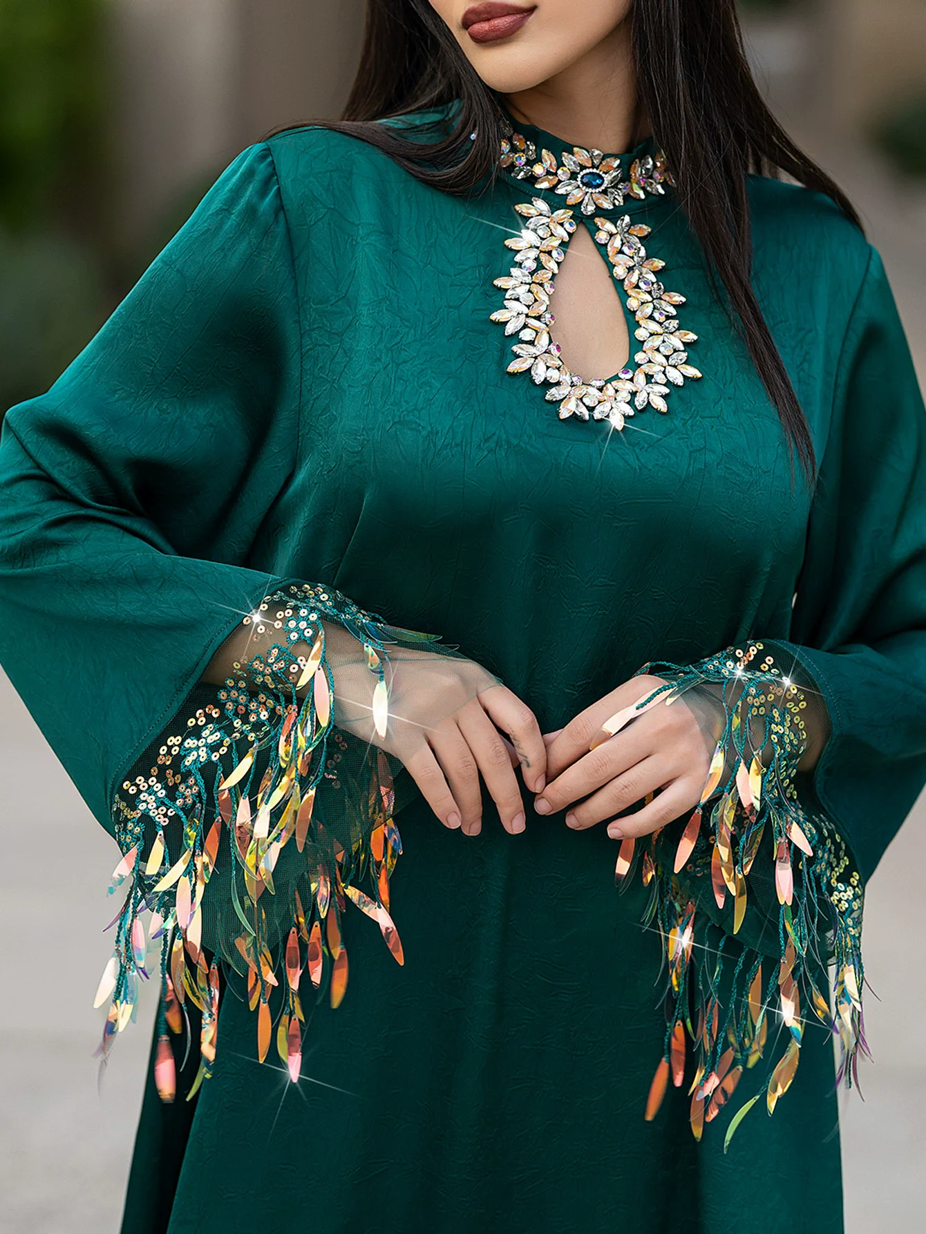 فستان مسلم المملكة العربية السعودية دبي للسيدات بياقة واقفة وأكمام طويلة مخيط يدويًا من الألماس عباية فستان سهرة جديد