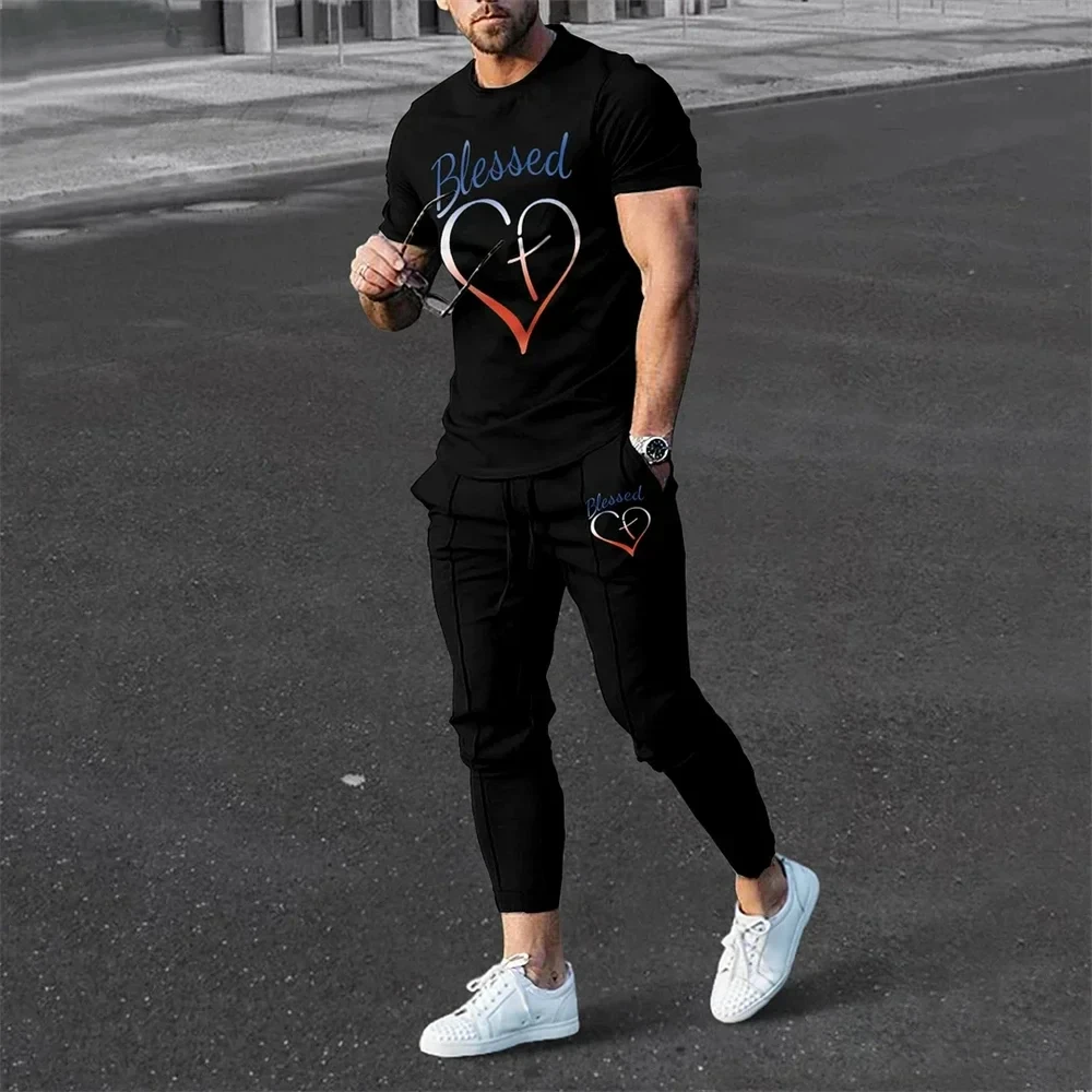 2024 Men's Sets Summer Short Sleeve T-Shirt Pants Suit Fashion 2 Piece Streetwear Print Sports Trousers Tracksuit Men's Clothing