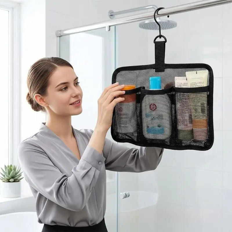 Travel Hanging Toiletry Bag 3 Mesh Compartments Rotatable Hook Open Top Portable Organizer for Vacation Business Trip
