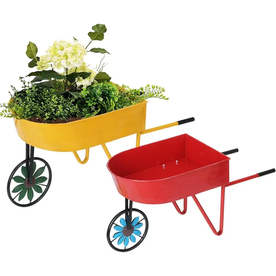 

Metal Wheelbarrow Flower Cart Planter 2 Packs Plant Stands with Triangular Support Handles Non-Rolling Wheel Vintage Wagon Plan