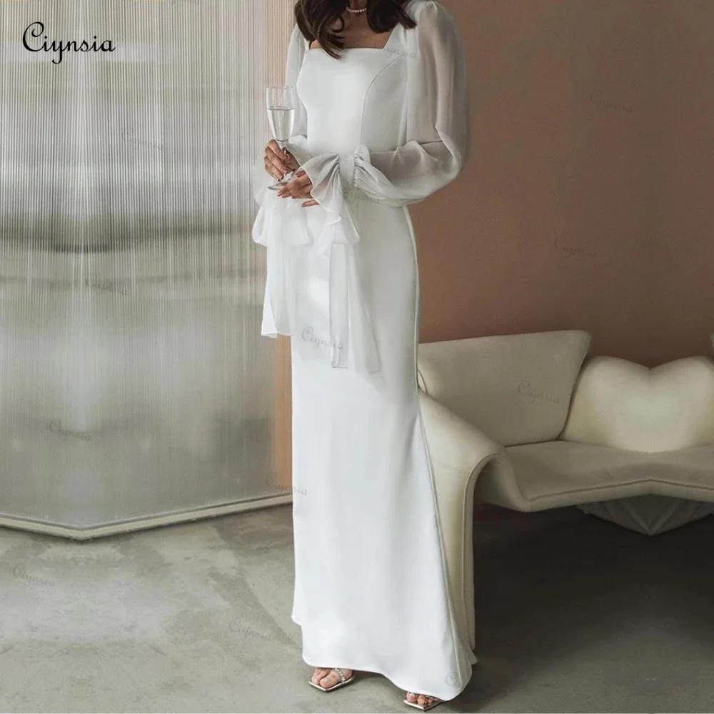 Ciynsia Elegant Sheath Ivory Bridal Gowns Robe De Soirée De Mariage Long Sleeves Simple White Elegant Modest Wedding Dress New