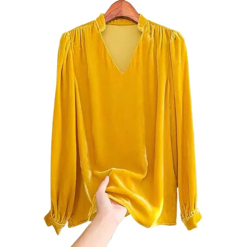 camisas feminina gold velvet top,New 2024 Spring Autunm casual velour blouse shirts chemise grande taille pour femme 4xl 5XL