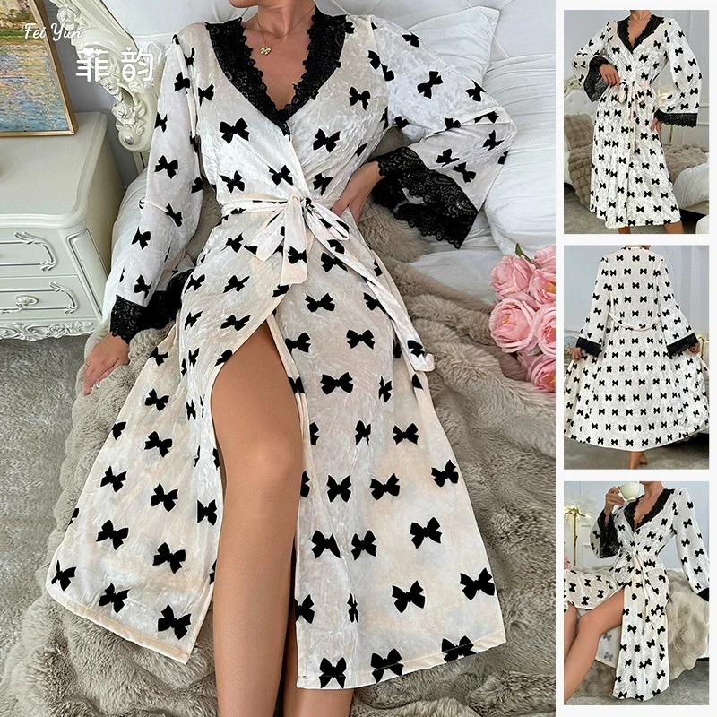

Ladies Velour Print Kimono Bathrobe Sexy Lace Trim Nightgown Loose Wedding Dressing Gown Silky Satin Homewear Intimate Lingerie