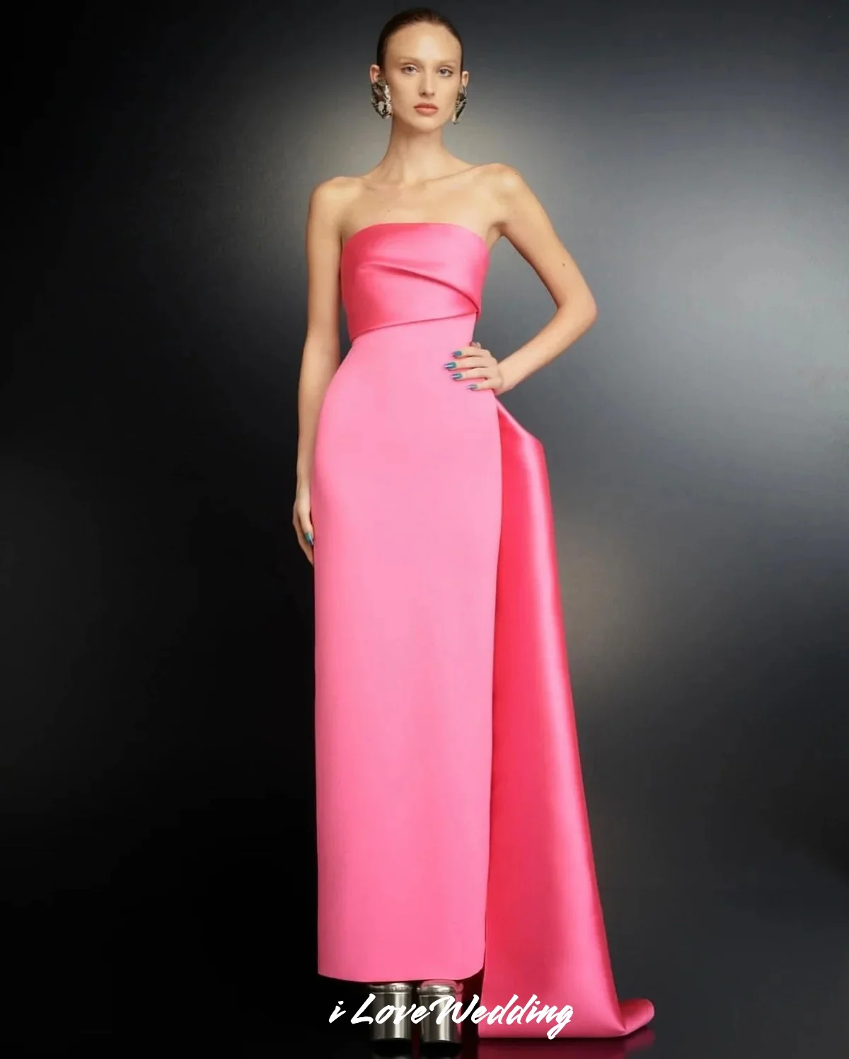 

Rose Pink Strapless Prom Dresses 2025 Satin Detachable Sleeve Mermaid Sweep Train Floor-Length Wedding Party Dresses Customized