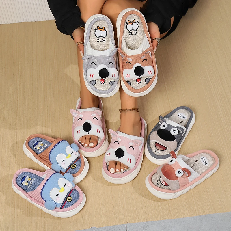 

Casual Home Slippers Women 2024 Animal Cartoon Designer Open Toe Slides Couple House Cute Cotton Linen Platform Shoes Girls Flat