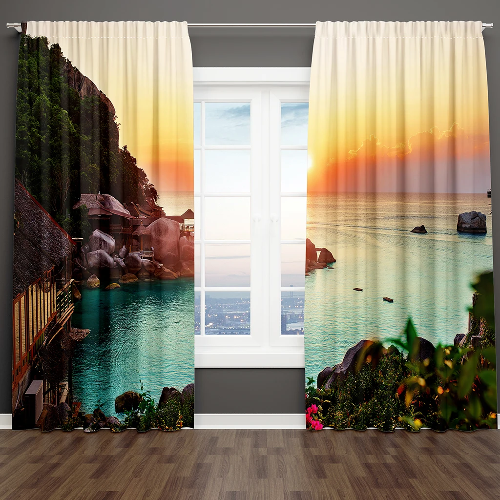 3D Print Modern  Natural Scenery Sea Landscape Forest Sunset 2 Pieces Thin Shading Curtain Living Room Bedroom Home Decor Hook