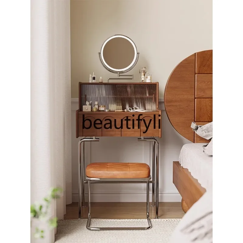 

A16 Retro solid wood makeup table boxwood dresser small apartment storage with mirror integrated