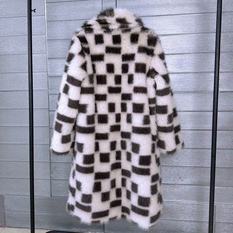 Autumn-winter Plaid Pattern Faux Fur Long Coat Lapel Western Suit Female Streetwea Women's Coats Promotion