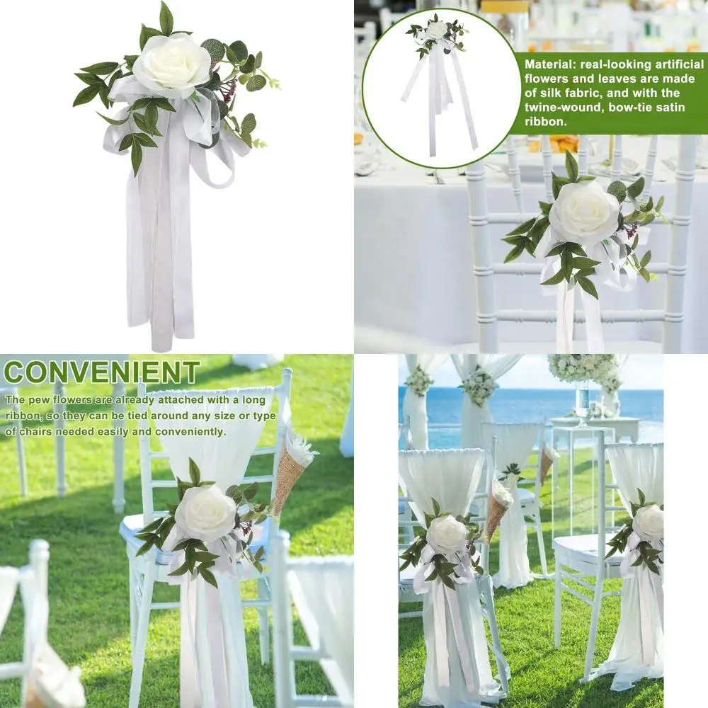 

Elegant Silk Rose Aisle Chair Back Decorations Set, 8 Pieces, with Ribbons for Wedding Pew Flowers Arrangement