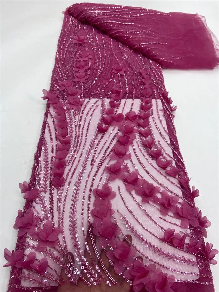

Fashion French Mesh 3D Flowers Embroidery Beadeds Lace Fabric With Sequins African Nigerian Fabric For Wedding Dress